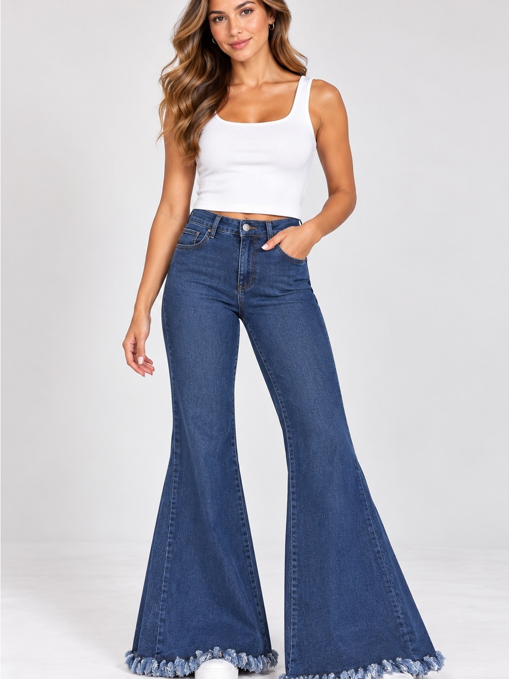 Altar'd State Medium-Dark Blue High-Rise Wide Leg Jeans with Frayed Hem
